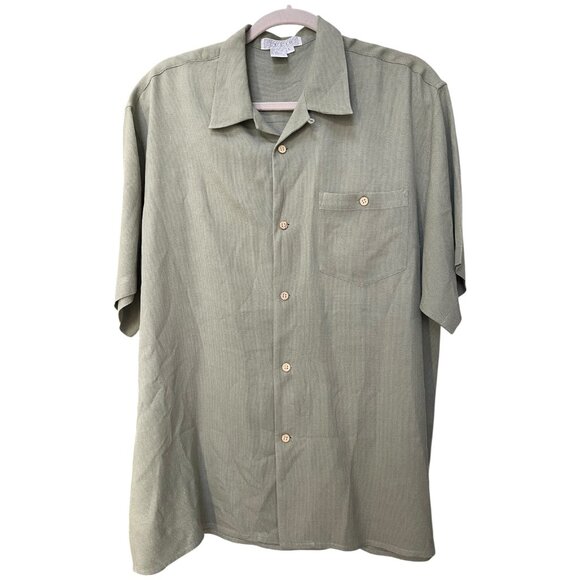 Tulio 100% Silk Olive Green Vintage Y2K button down shirt Men's size large - Picture 2 of 12